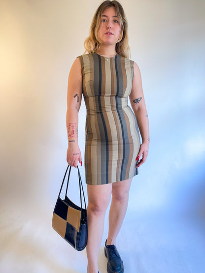 60s Neutral Striped Cotton Mini Dress (S)