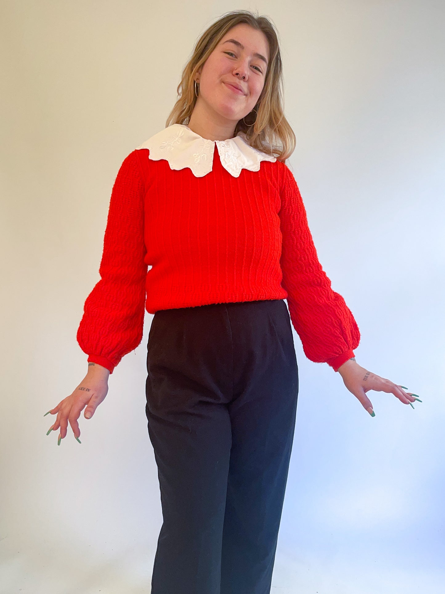 S/M 70s Red Balloon Sleeve Sweater