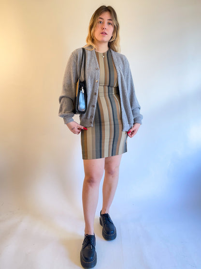 60s Neutral Striped Cotton Mini Dress (S)