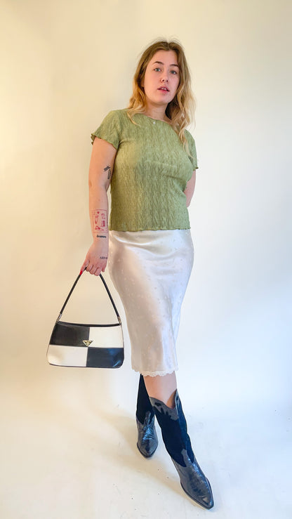 90s Chartreuse Green Plisse Crop Top (M)