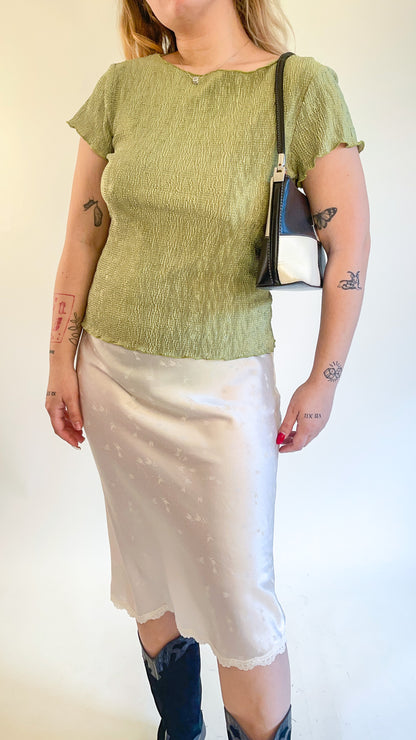 90s Chartreuse Green Plisse Crop Top (M)