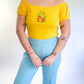 70s Yellow Mushroom Embroidered Puff Sleeve Top (S)