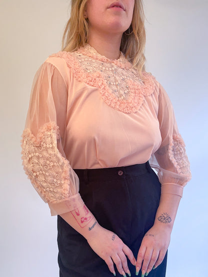 M/L 1940s/50s Pink Embellished Heart Balloon Sleeve Nylon Blouse