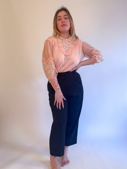 M/L 1940s/50s Pink Embellished Heart Balloon Sleeve Nylon Blouse