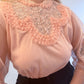 M/L 1940s/50s Pink Embellished Heart Balloon Sleeve Nylon Blouse