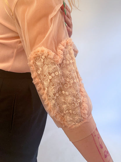 M/L 1940s/50s Pink Embellished Heart Balloon Sleeve Nylon Blouse