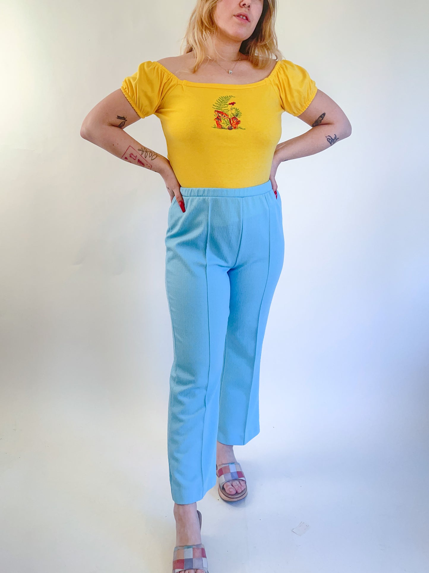70s Baby Blue Polyester Kick Flare Pants (M)