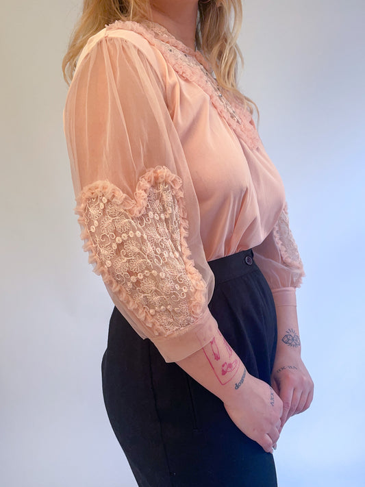 M/L 1940s/50s Pink Embellished Heart Balloon Sleeve Nylon Blouse