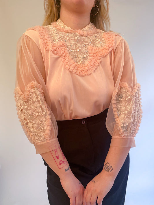 M/L 1940s/50s Pink Embellished Heart Balloon Sleeve Nylon Blouse