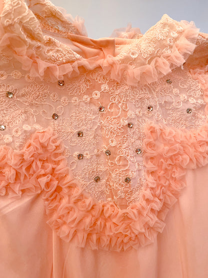 M/L 1940s/50s Pink Embellished Heart Balloon Sleeve Nylon Blouse