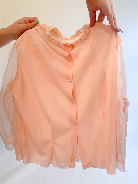 M/L 1940s/50s Pink Embellished Heart Balloon Sleeve Nylon Blouse