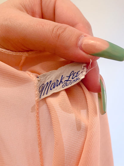 M/L 1940s/50s Pink Embellished Heart Balloon Sleeve Nylon Blouse