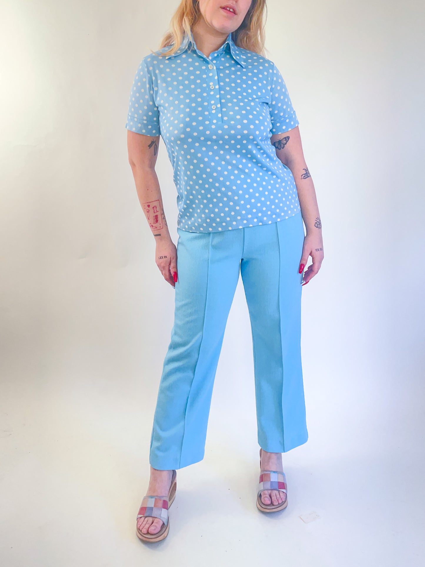 70s Baby Blue Polyester Kick Flare Pants (M)
