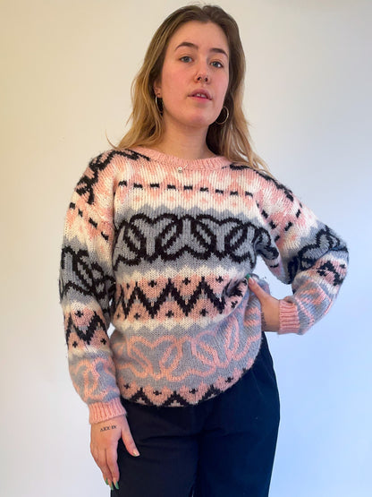 L 80s Chunky Knit Heart Patterned Sweater