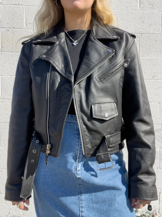 90s Black Genuine Leather Biker Jacket (XL)