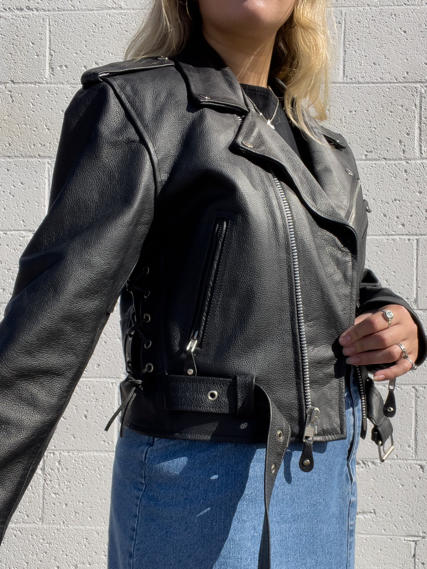 90s Black Genuine Leather Biker Jacket (XL)