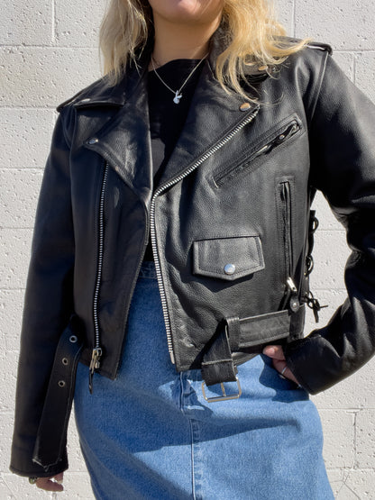 90s Black Genuine Leather Biker Jacket (XL)