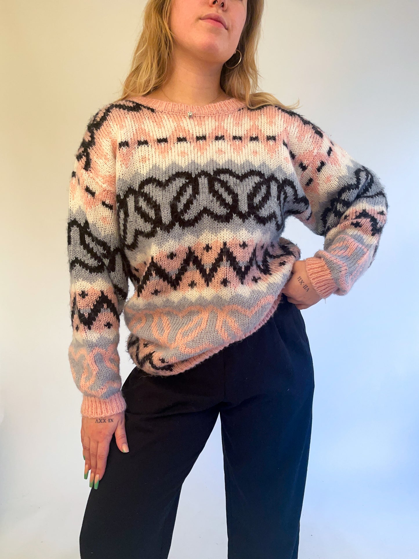 L 80s Chunky Knit Heart Patterned Sweater