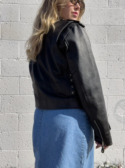 90s Black Genuine Leather Biker Jacket (XL)