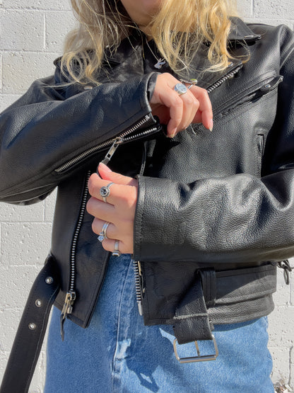 90s Black Genuine Leather Biker Jacket (XL)