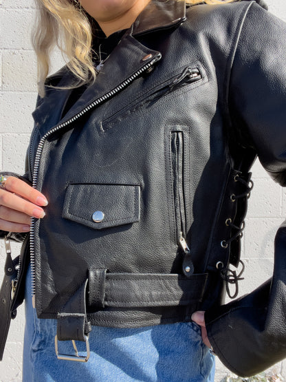 90s Black Genuine Leather Biker Jacket (XL)