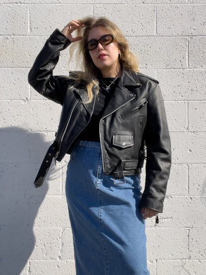 90s Black Genuine Leather Biker Jacket (XL)
