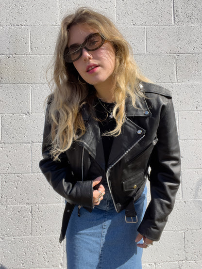 90s Black Genuine Leather Biker Jacket (XL)