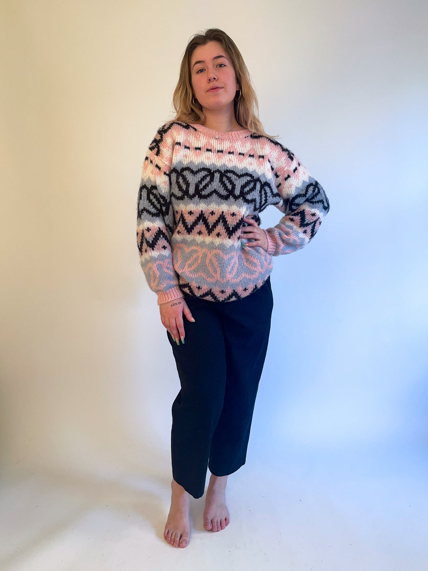 L 80s Chunky Knit Heart Patterned Sweater
