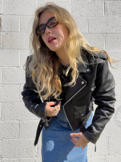 90s Black Genuine Leather Biker Jacket (XL)