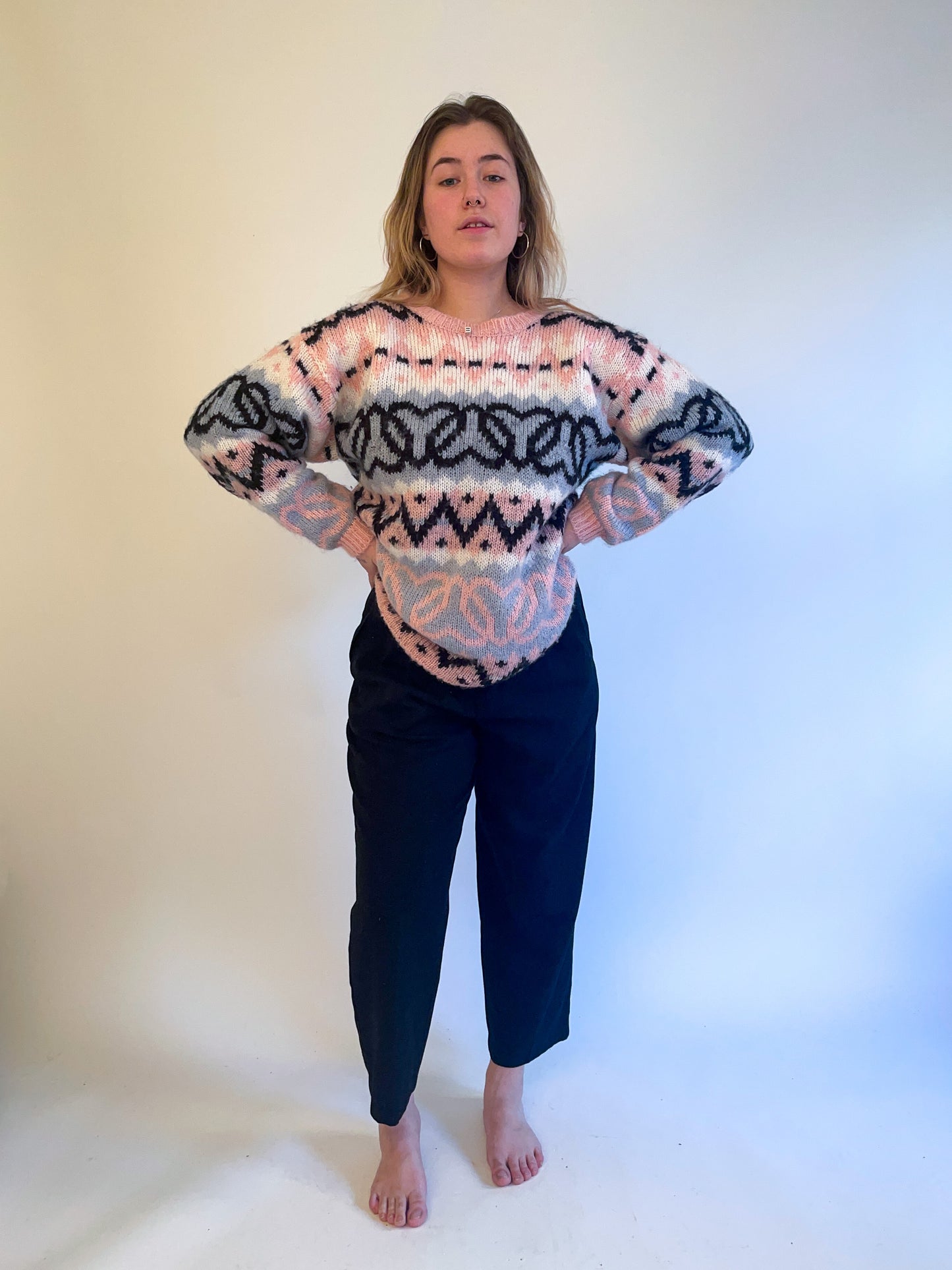 L 80s Chunky Knit Heart Patterned Sweater