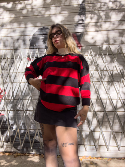80s Black & Red Striped Knit Sweater (XL)