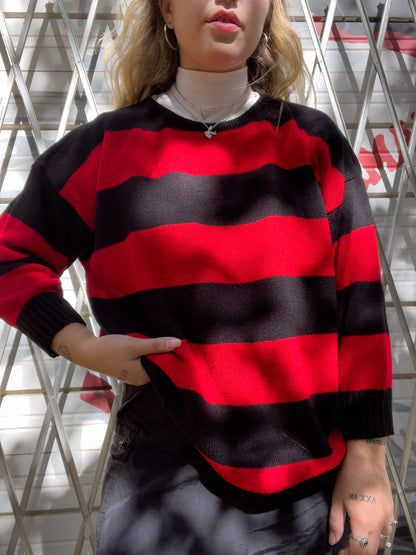 80s Black & Red Striped Knit Sweater (XL)