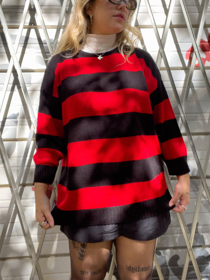 80s Black & Red Striped Knit Sweater (XL)