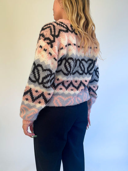 L 80s Chunky Knit Heart Patterned Sweater
