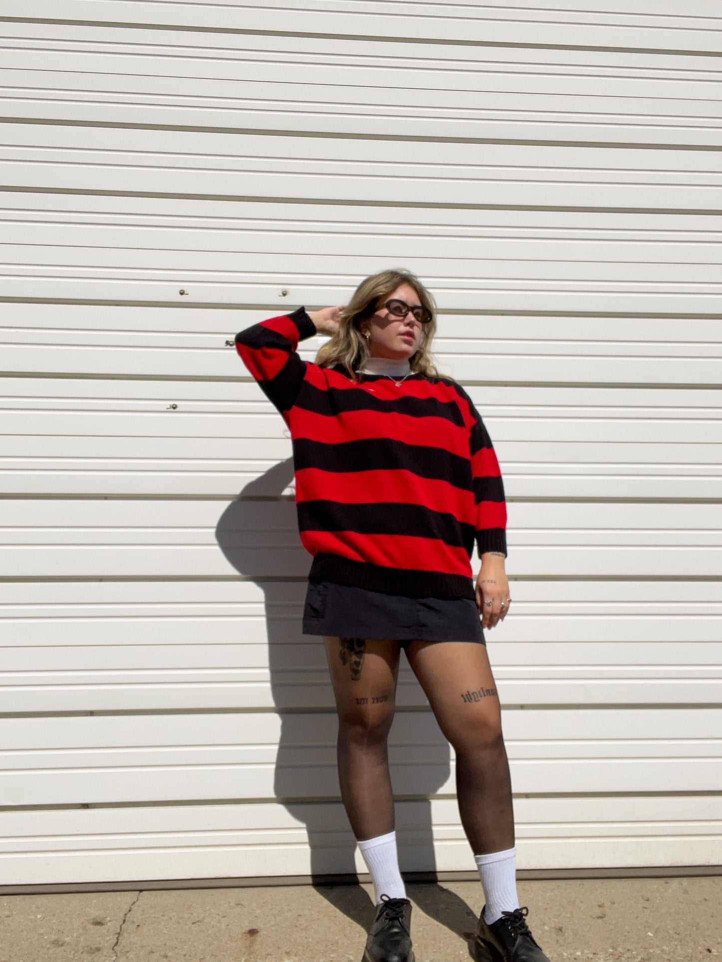 80s Black & Red Striped Knit Sweater (XL)