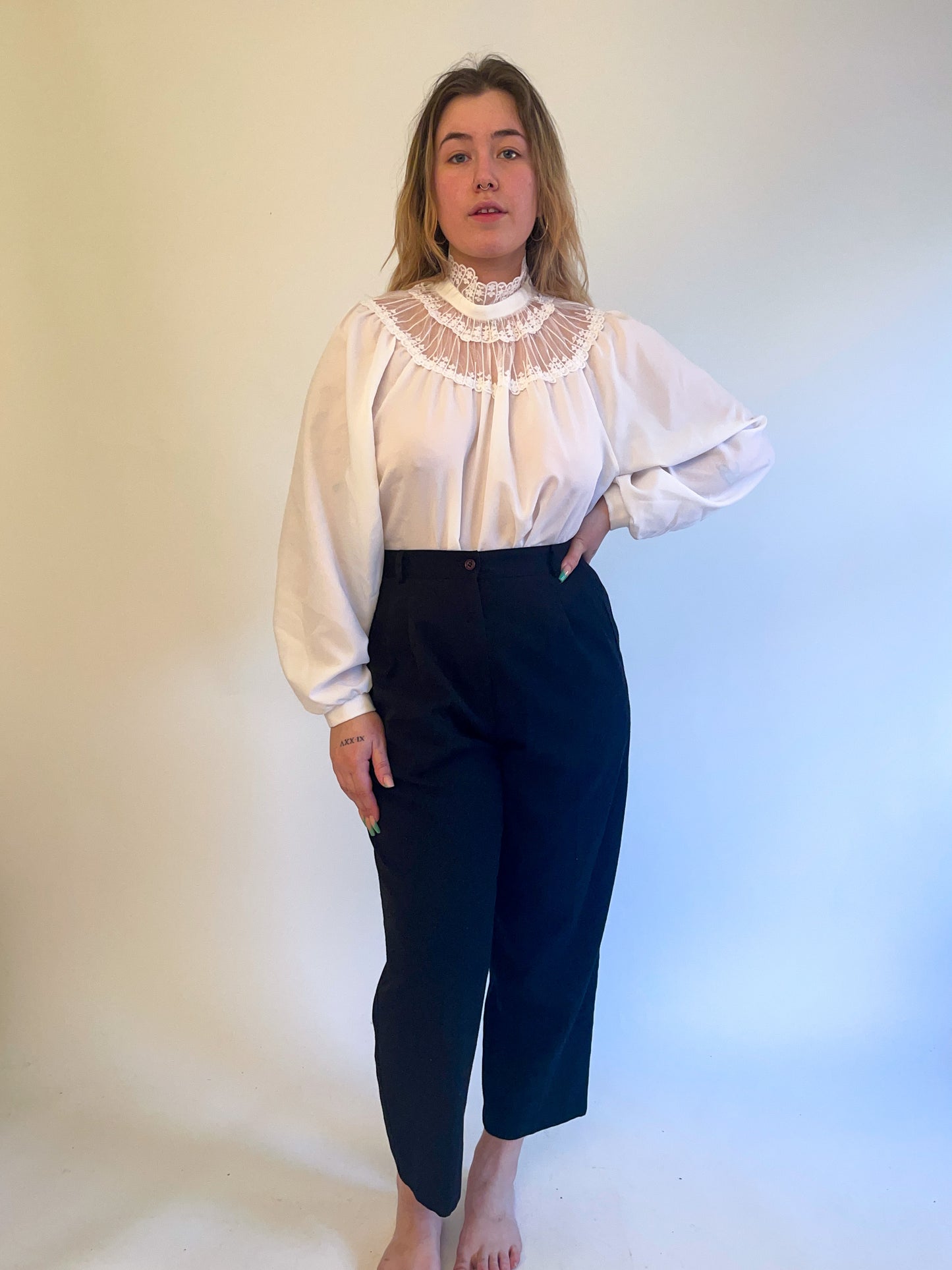 XXL 80s Victorian Inspired Lace High Collar Blouse