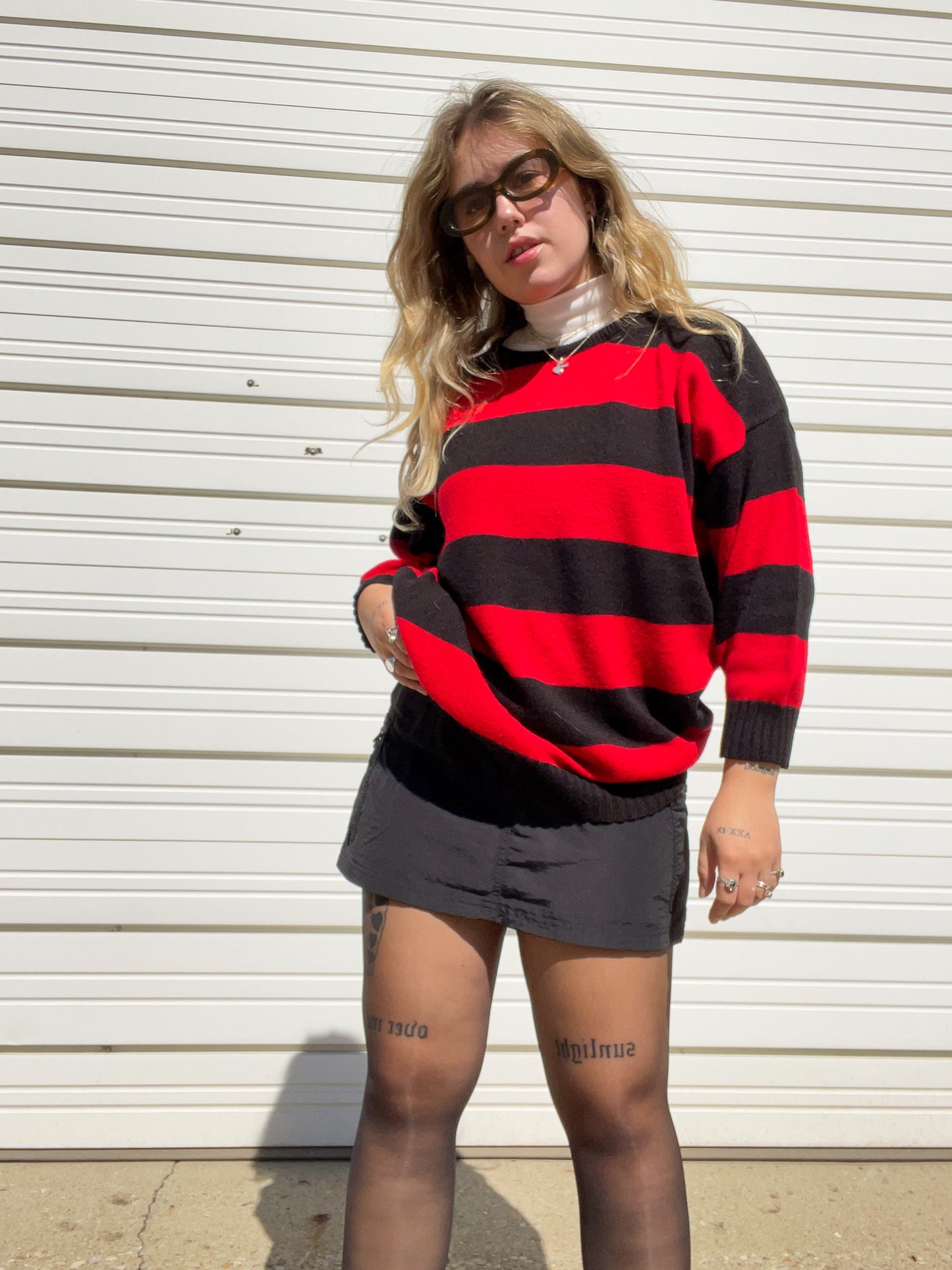 80s Black & Red Striped Knit Sweater (XL)