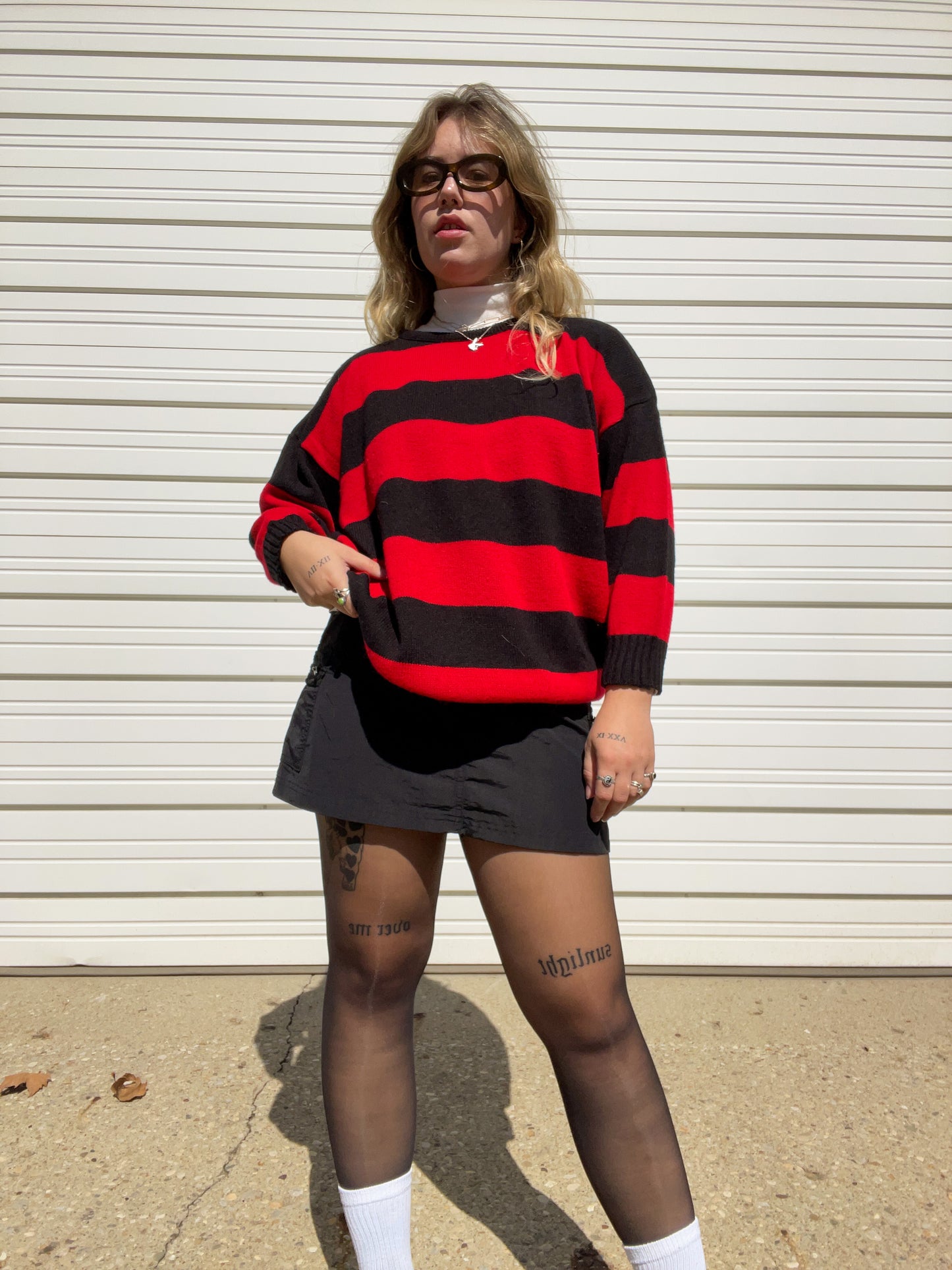 80s Black & Red Striped Knit Sweater (XL)