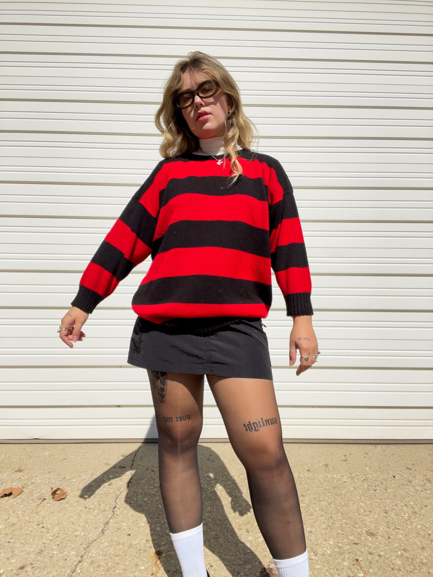 80s Black & Red Striped Knit Sweater (XL)