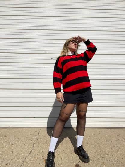 80s Black & Red Striped Knit Sweater (XL)
