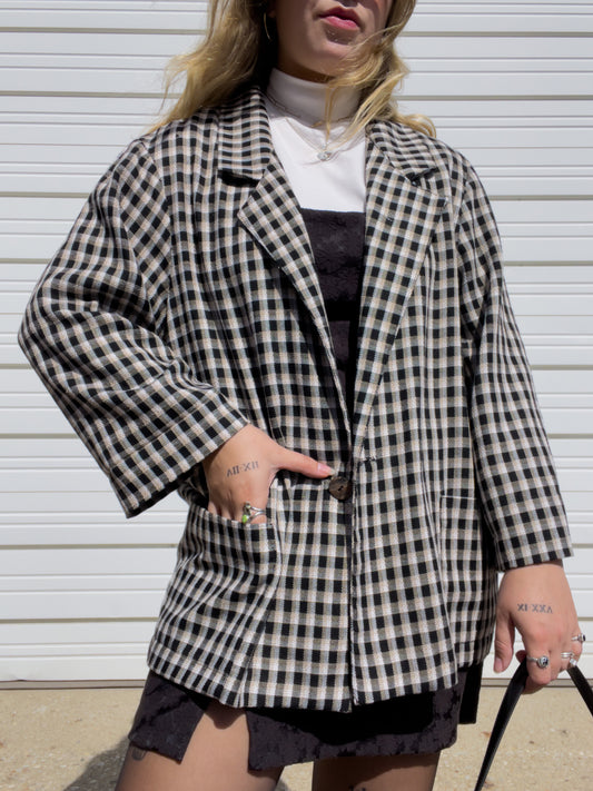 90s Neutral Plaid Lightweight Blazer (XXL)