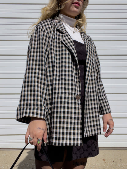 90s Neutral Plaid Lightweight Blazer (XXL)