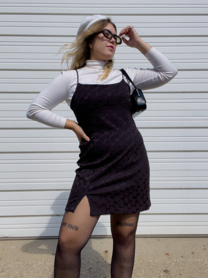 90s Black Mini Dress w/ Daisy Pattern (L/XL)