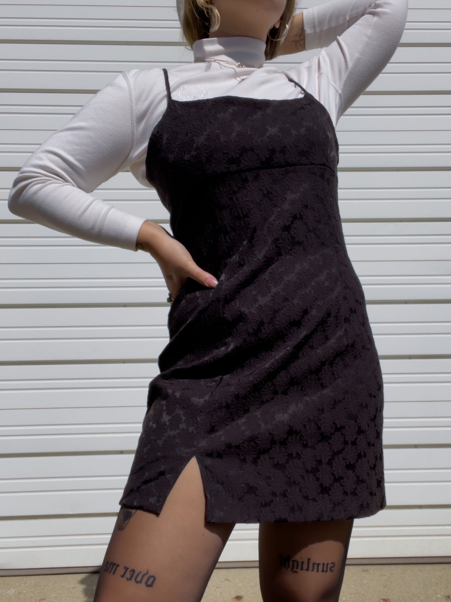 90s Black Mini Dress w/ Daisy Pattern (L/XL)