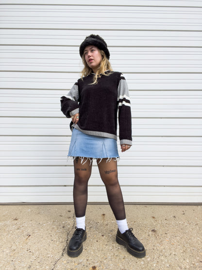 90s Black & Gray Striped Chenille Sweater (XL)