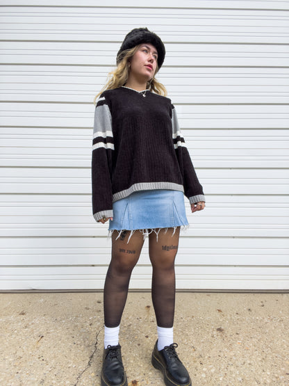 90s Black & Gray Striped Chenille Sweater (XL)