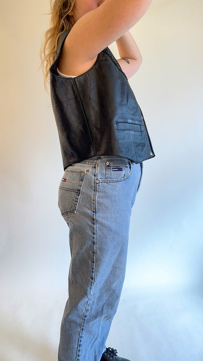 80s Black Leather Vest w/ Braided Detail (XL)