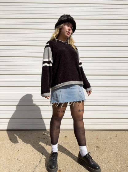 90s Black & Gray Striped Chenille Sweater (XL)