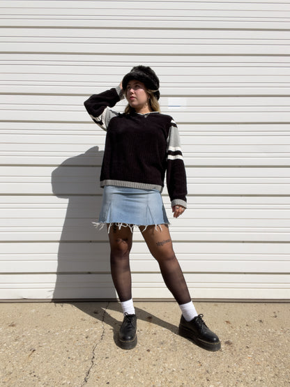 90s Black & Gray Striped Chenille Sweater (XL)