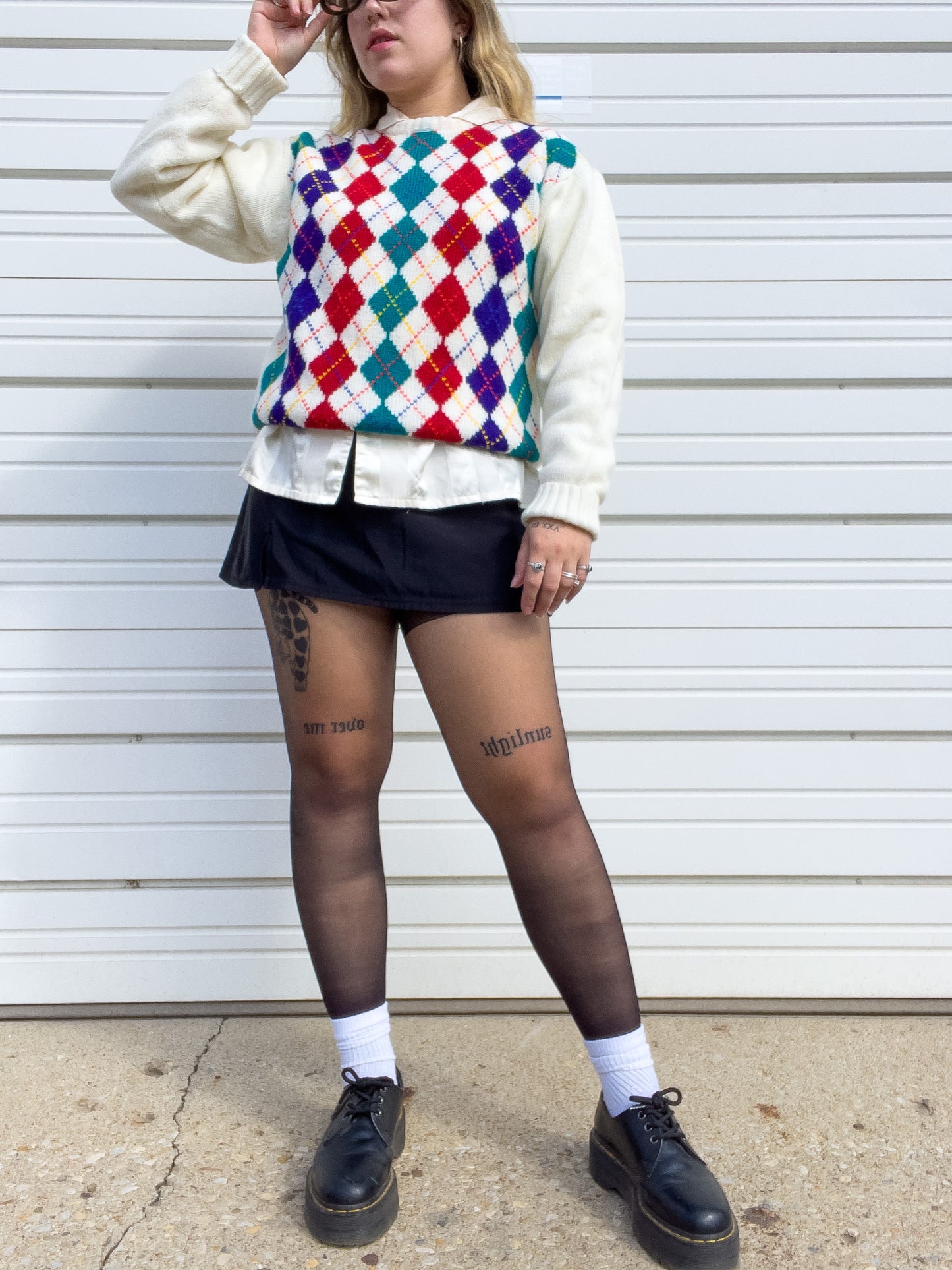 80s Rainbow & Cream Argyle Sweater (L)